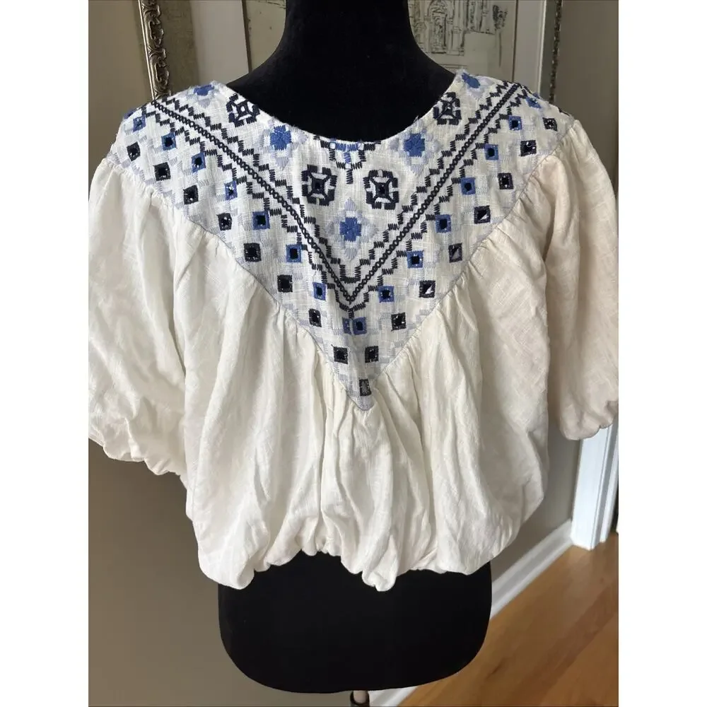 FREE PEOPLE Joni Top S Boho Embroidered Shirred Puff Sleeve Cropped Linen Blu Wh